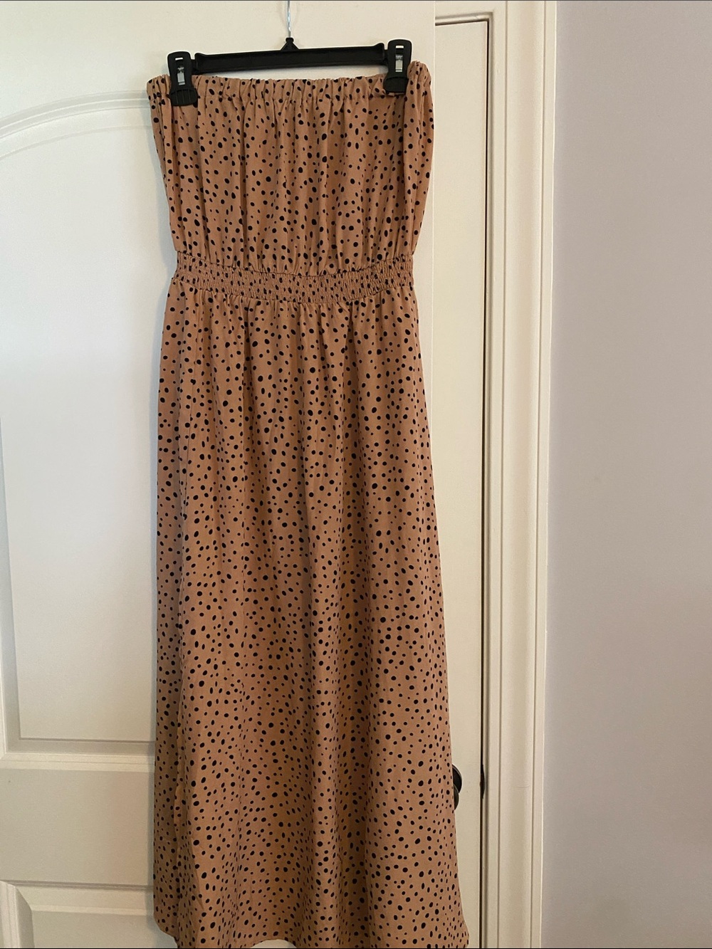 Crescent Strapless Polka Dot Maxi Dress in Tan and Black